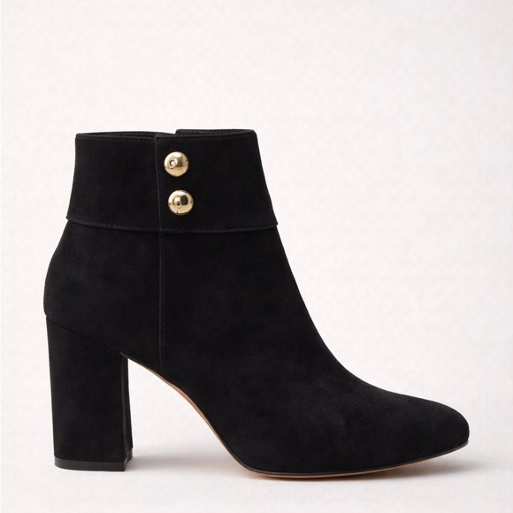 kate spade Shoes - Kate Spade Black Suede Ankle Boots Block Heel Gold Button Size 9.5